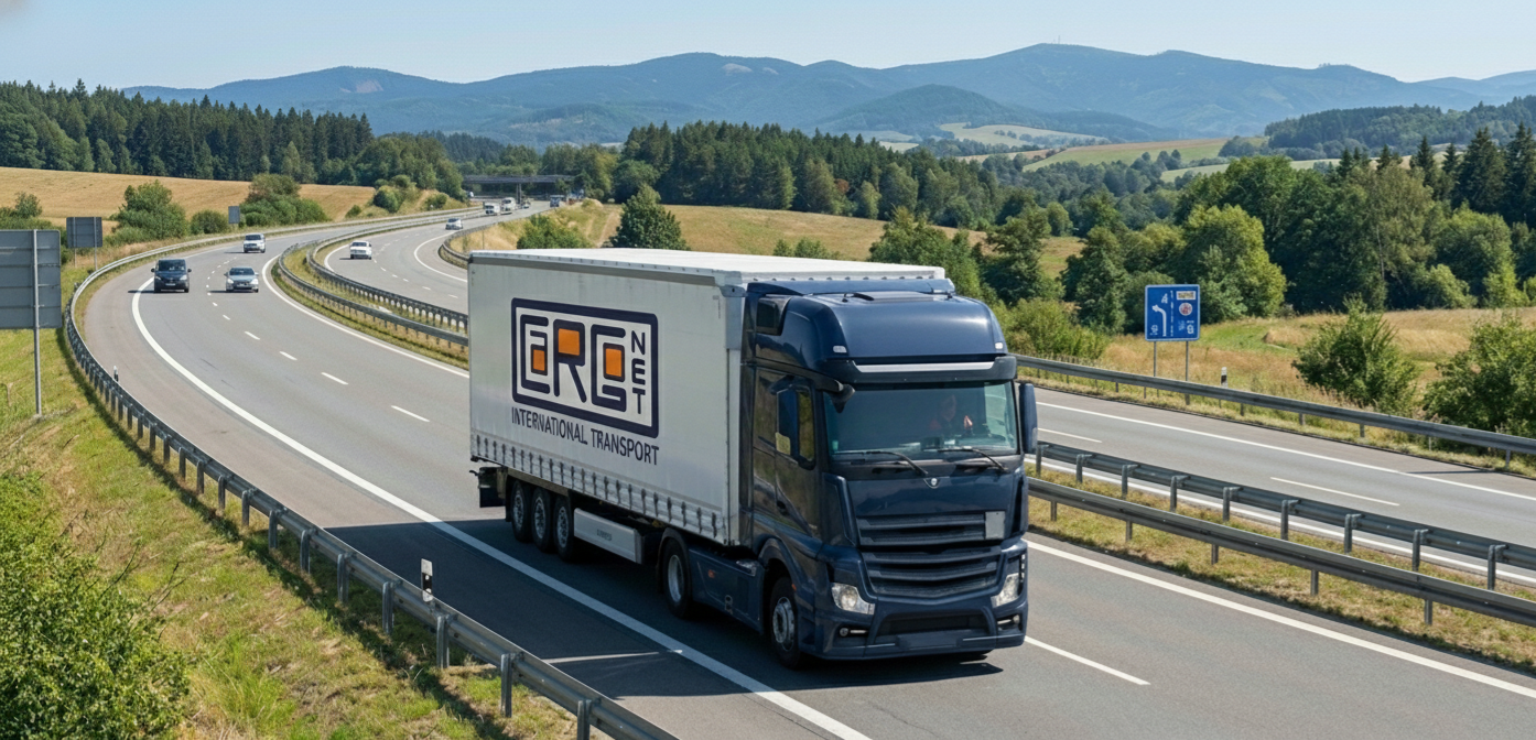 Ciężarówka Cargonet z naczepą firankową w trasie międzynarodowej